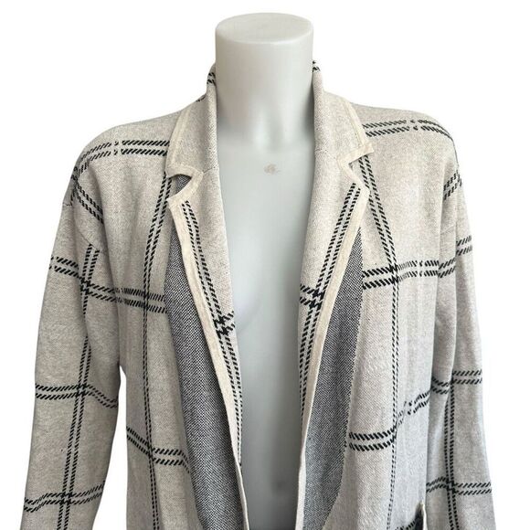 Loft Gray Cream Check Print open front Collared Knit Cardigan Sweater sz XS - Picture 2 of 8